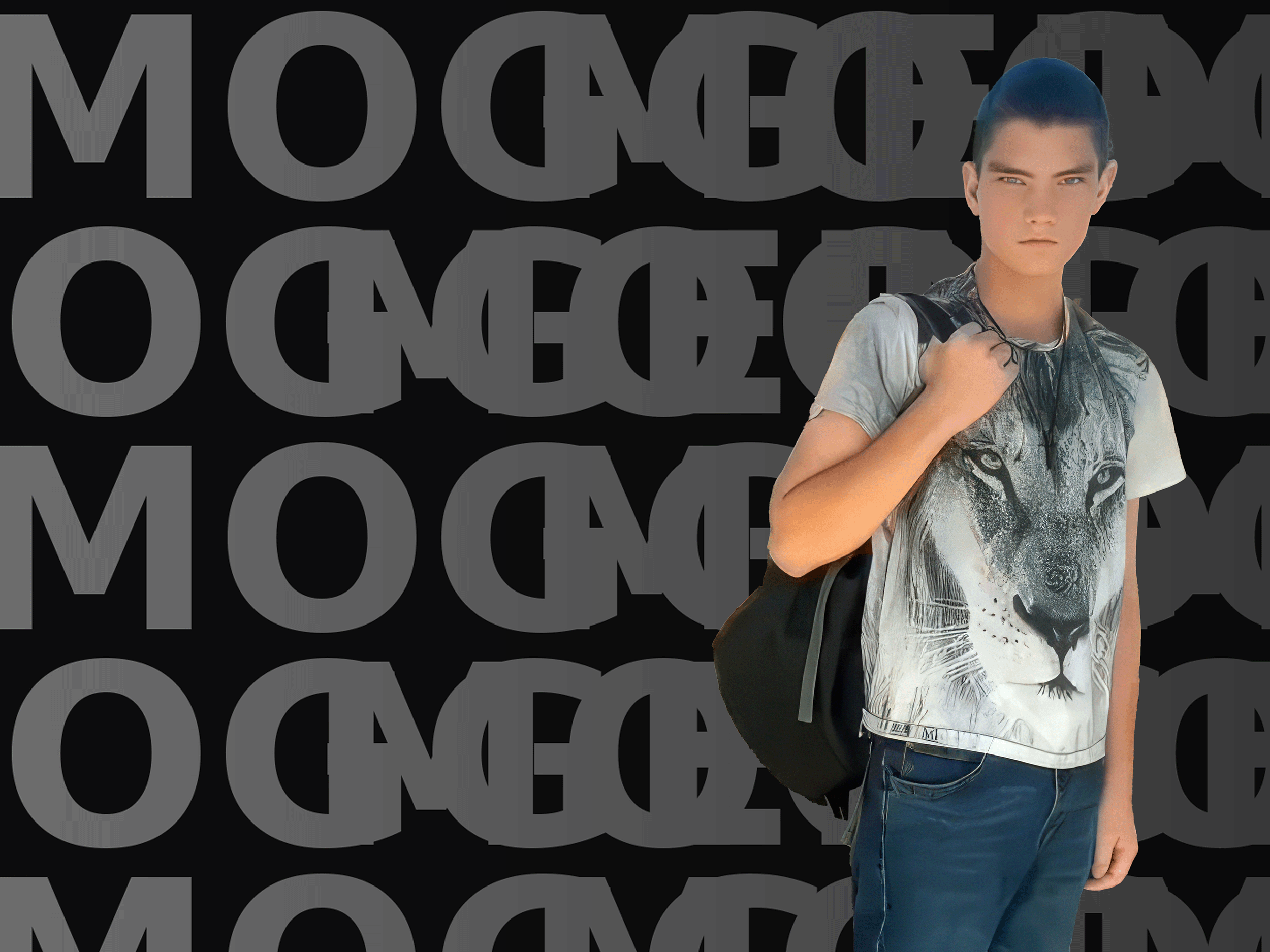 Teen in lion tee, standing right of bold "MOGGED" pattern.